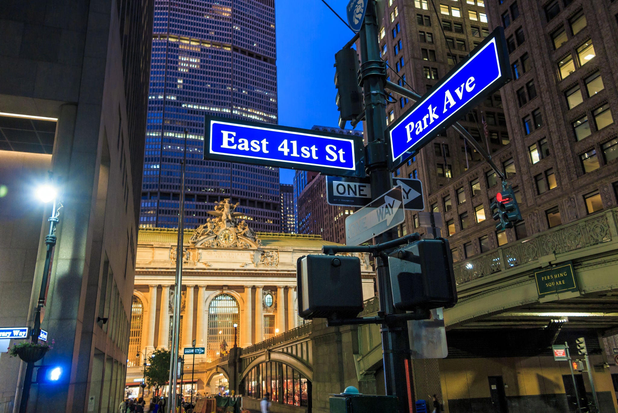 Facade of Grand Central Terminal at twilight in New York, USA