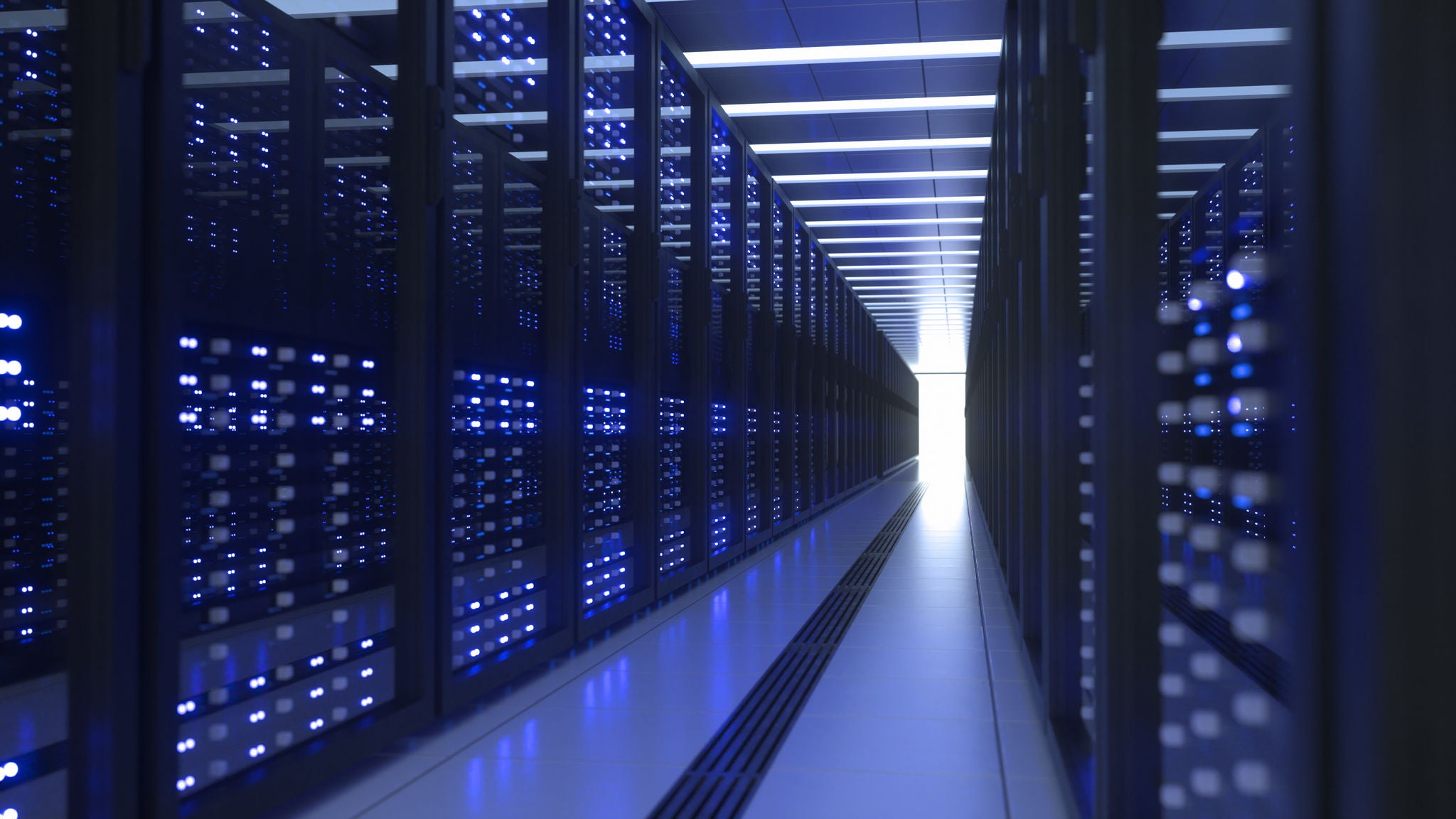 Data Center Computer Racks In Network Security Server Room. Cryptocurrency Mining Farm or Hosting Storage Connected Dots Programming Code And Binary Concept. 3D render dark blue