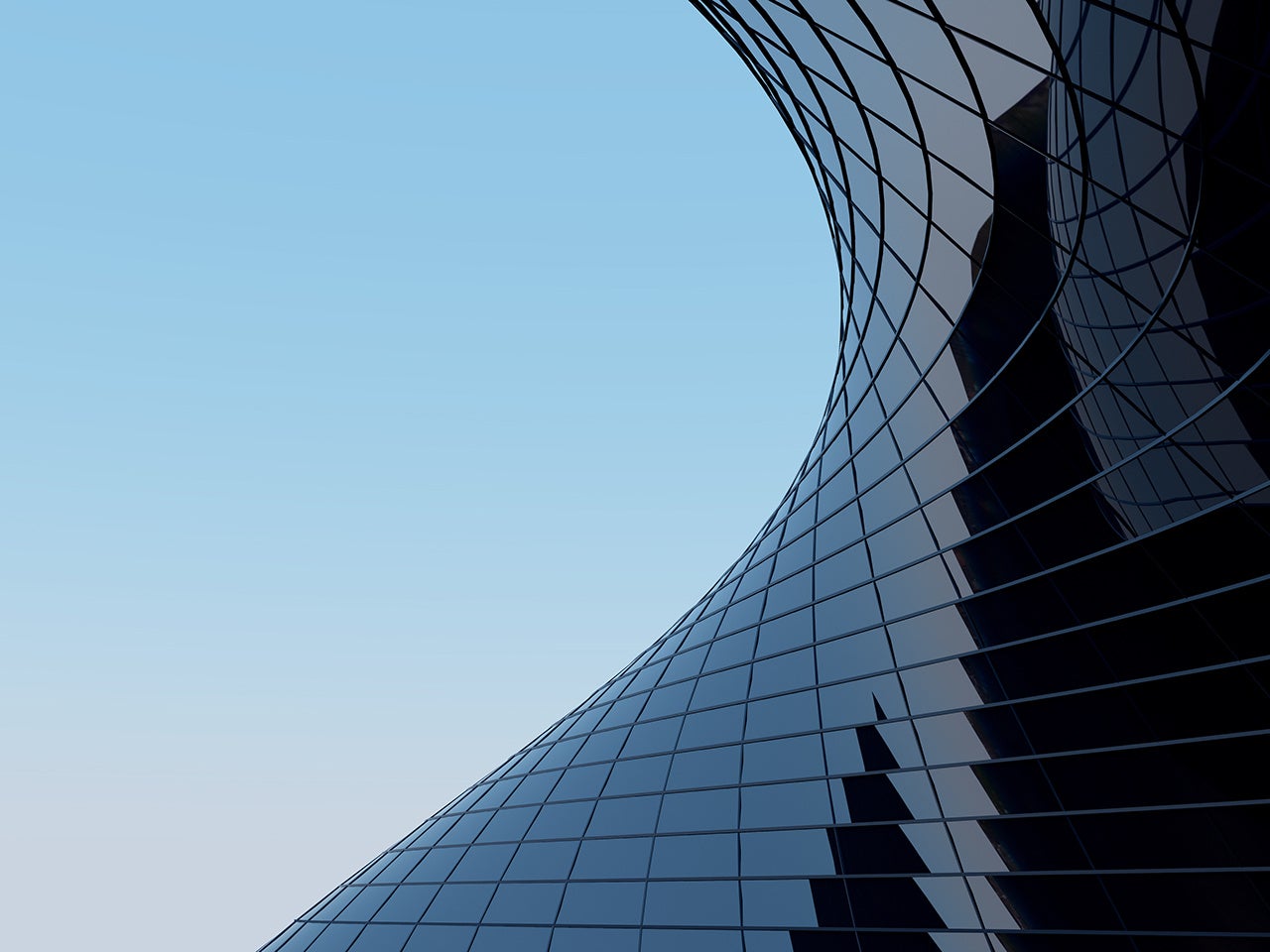 Perspective of high rise building and dark steel window system with clouds reflected on the glass.Business concept of future architecture,lookup to the angle of the building corner. 3d rendering