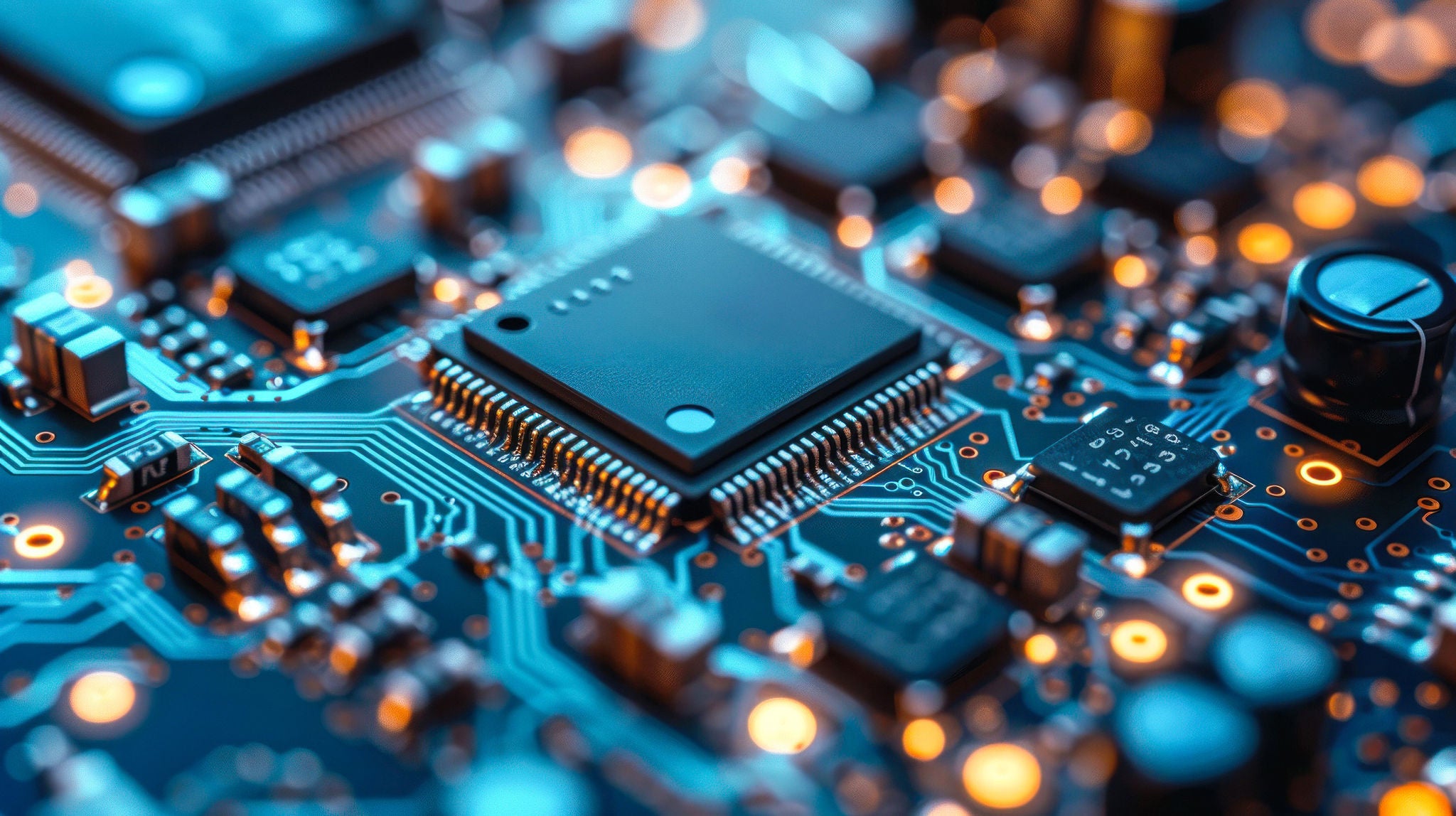 An electronic circuit board displaying a CPU and various components captured with a blue and orange ambiance