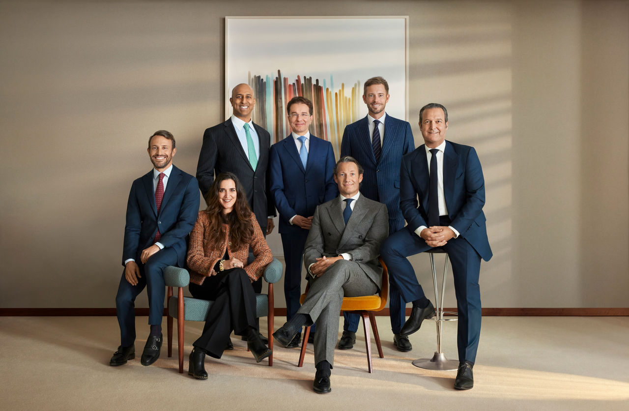 The Partners of the Pictet Group at their headquarters in Geneva. 
From left to right, seated: François Pictet, Elif Aktuğ, Marc Pictet (Senior Partner) and Laurent Ramsey. Standing: Raymond Sagayam, Sébastien Eisinger and Sven Holstenson. 