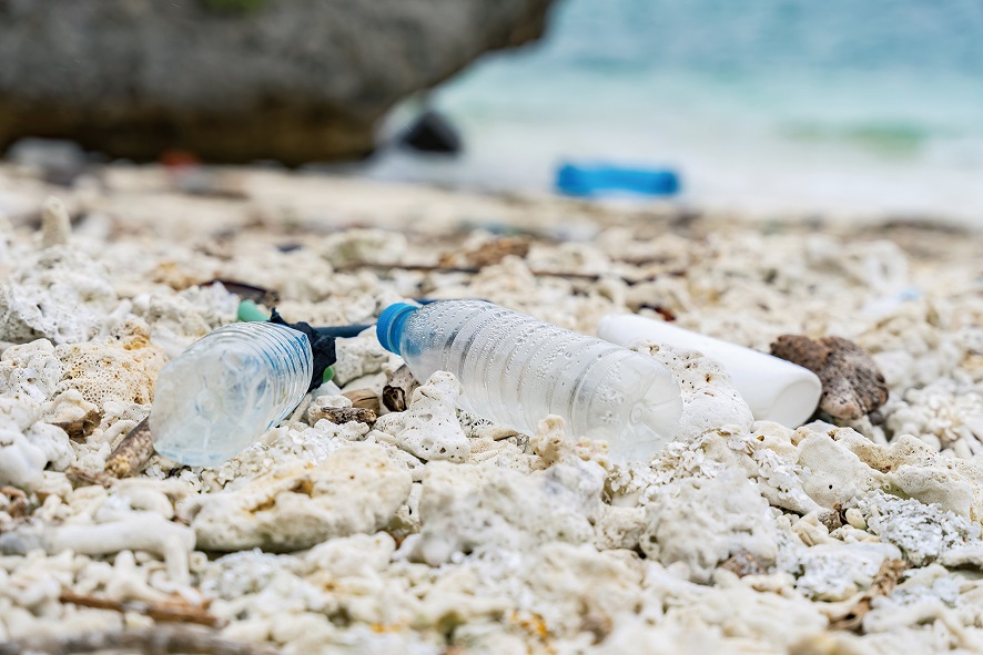 砂浜に打ち上げられたペットボトル　海洋ごみ問題　環境破壊イメージ, 砂浜に打ち上げられたペットボトル　海洋ごみ
