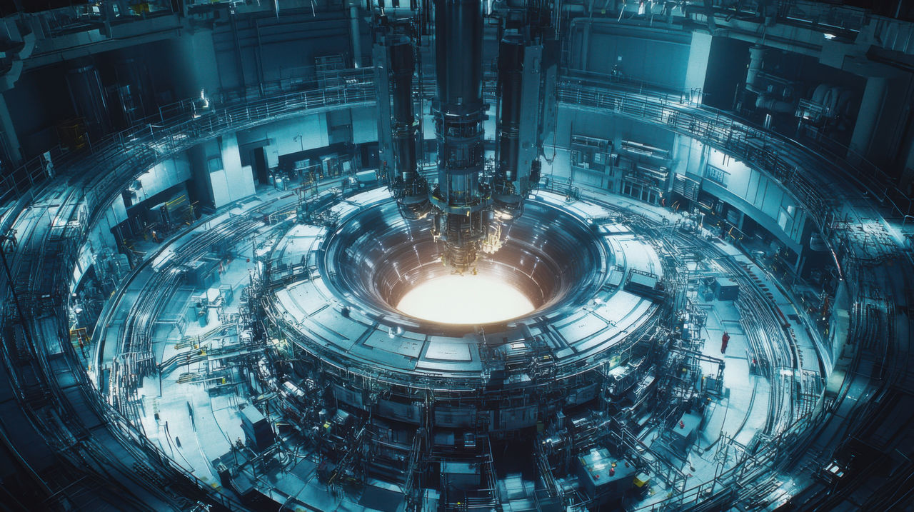 Detailed shot of a working fusion reactor prototype, with scientists making adjustments