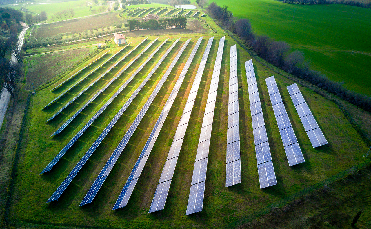 aerial view of solar panels on a sunny day. power farm producing clean energy