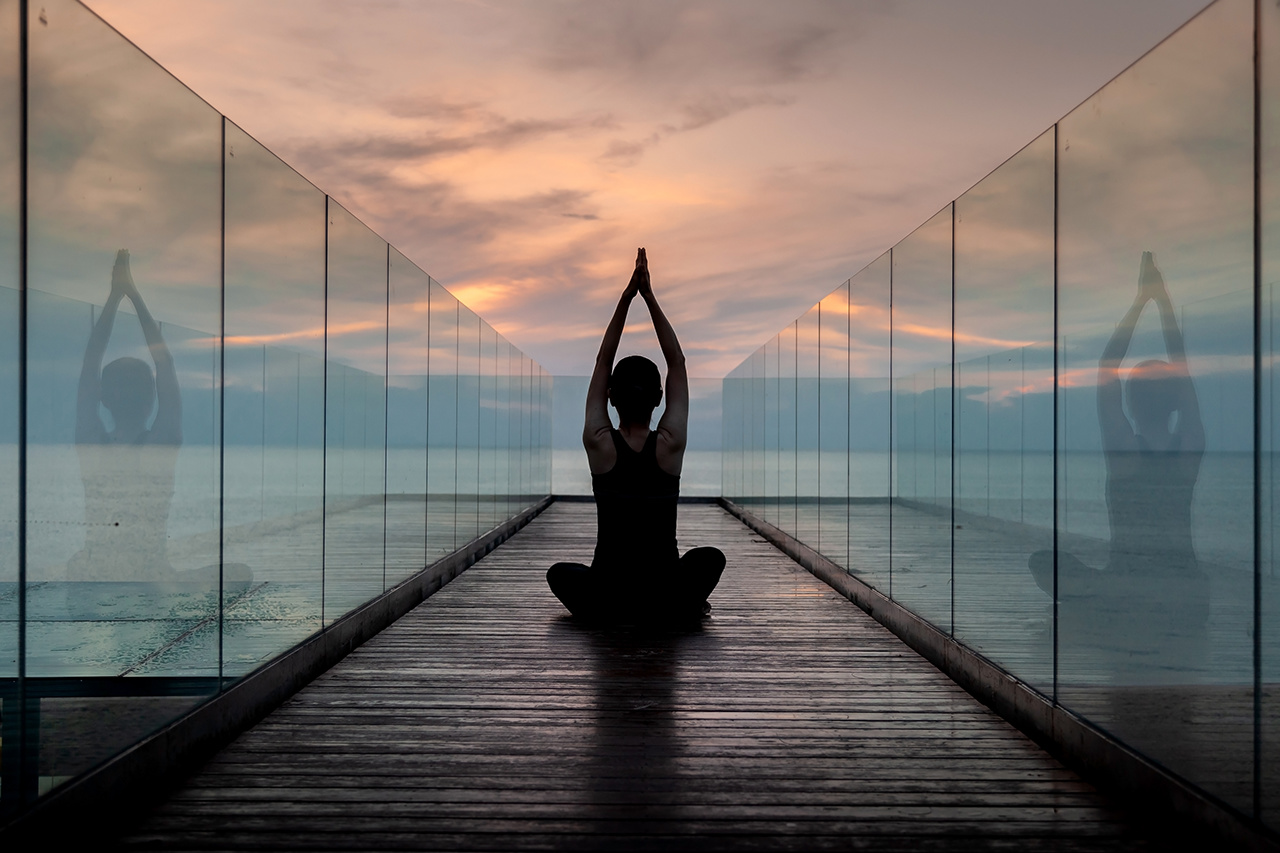 practise yoga, Seated pose at the hotel in early morning.