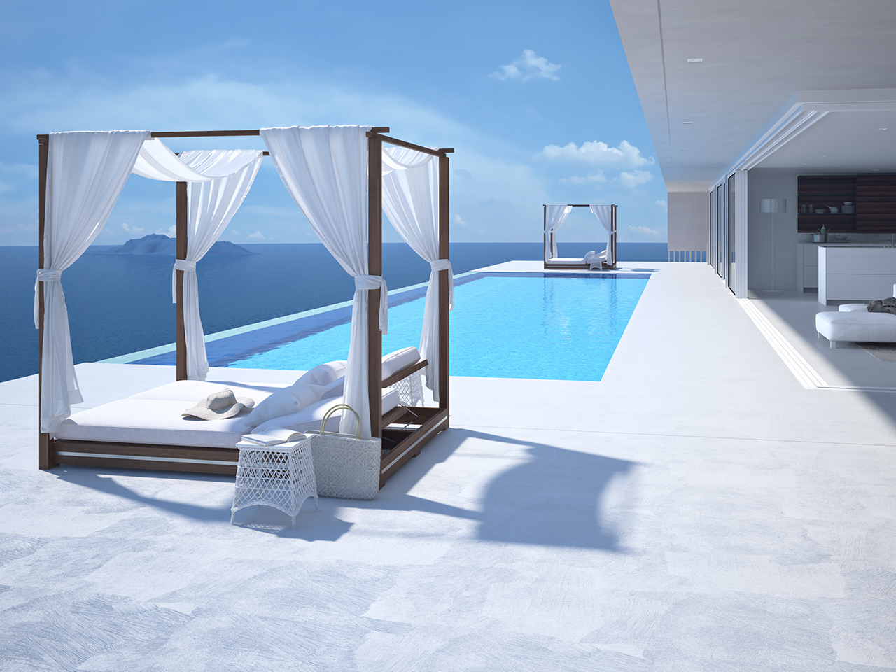A luxury swimming pool in santorini. 3d rendering