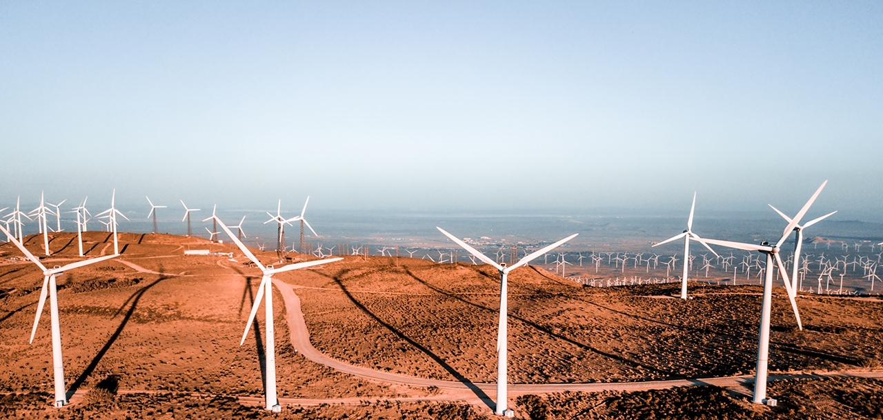 Wind turbine farm from aerial view. Sustainable development, environment friendly of wind turbine by giving renewable, sustainable, alternative energy in Nevada, USA.