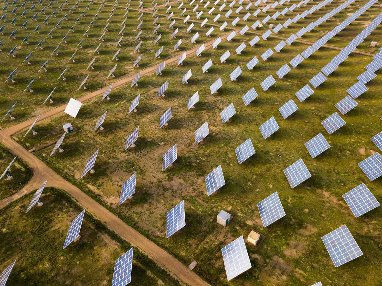 Aerial view of solar panels of modern photovoltaic power station