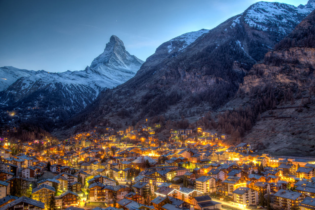 Panoramic view of the famous Matterhorn and Zermatt in the Swiss Alps in the evening