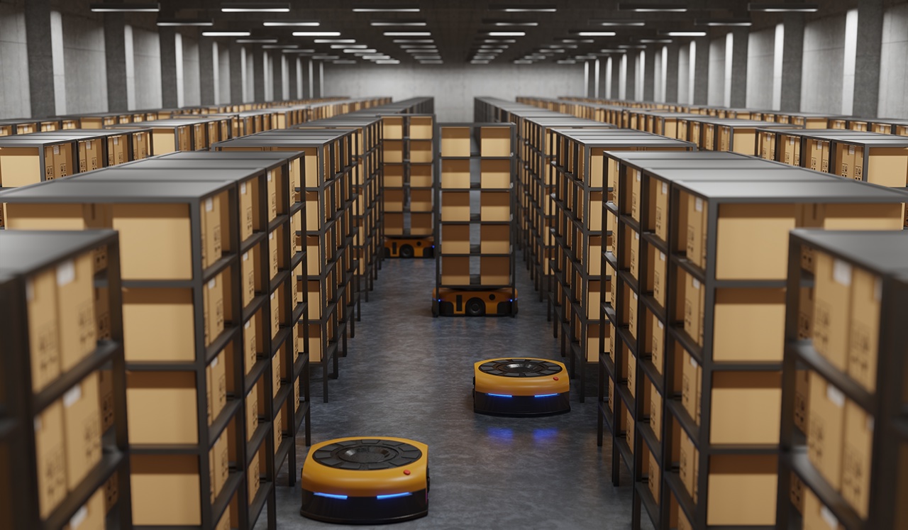 Warehouse in logistic center with Automated guided vehicle Is a delivery vehicle.3D Rendering