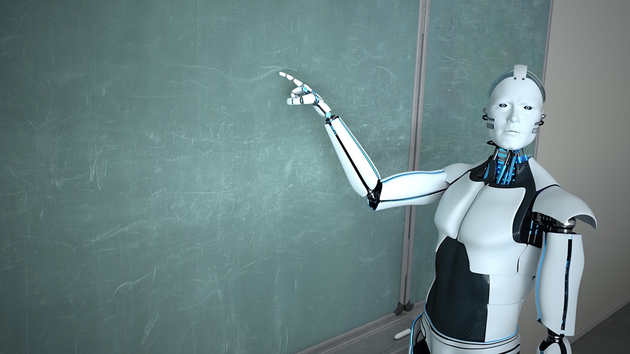 Humanoid robot in the classroom with a green chalk board. 3d illustration.