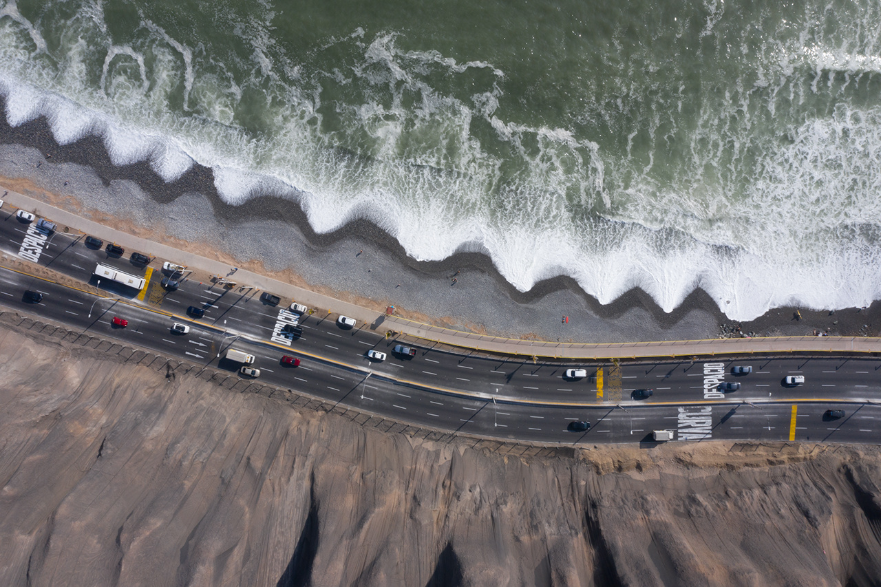 Aerial view  of Pampilla beach  and  Costa verde highway.