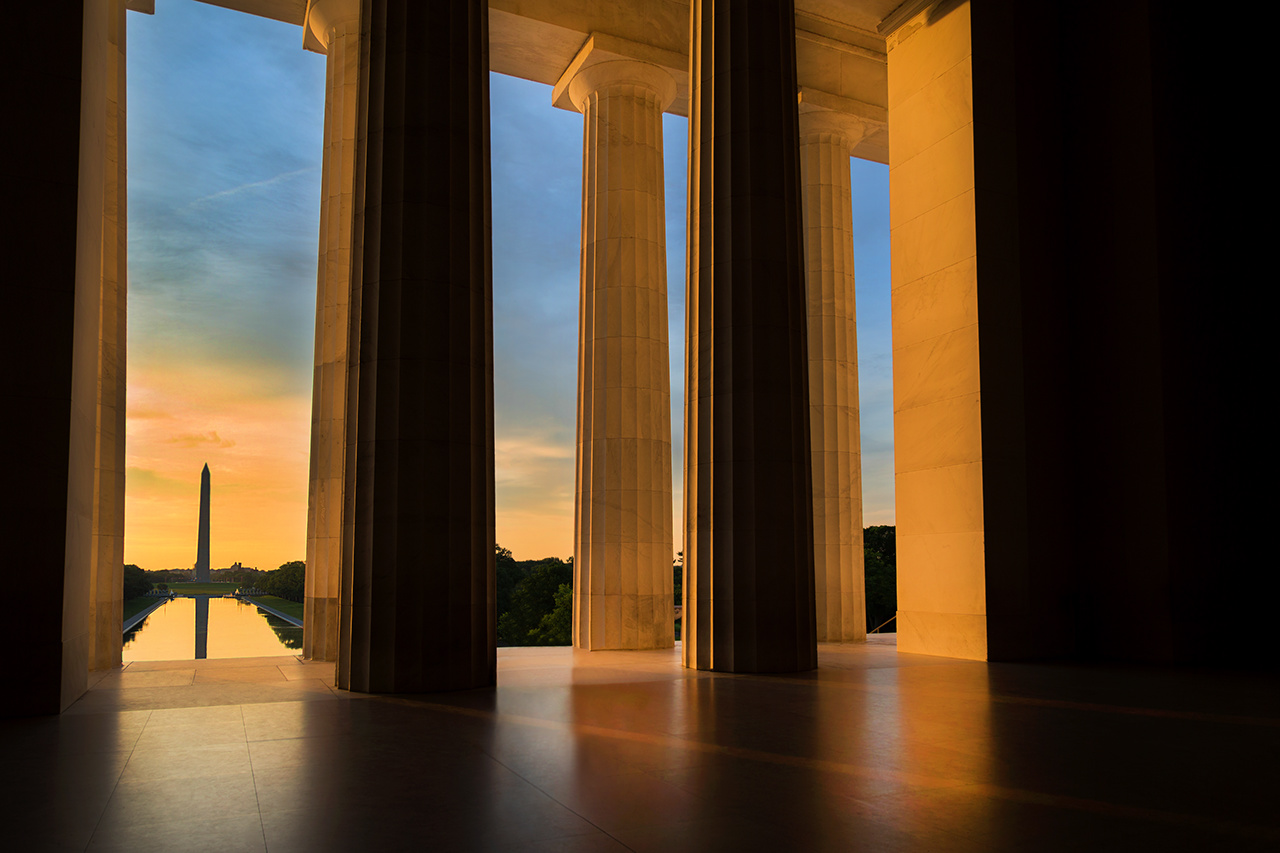 Washington Monument from Lincoln Memorial at Sunrise in Washington, DC