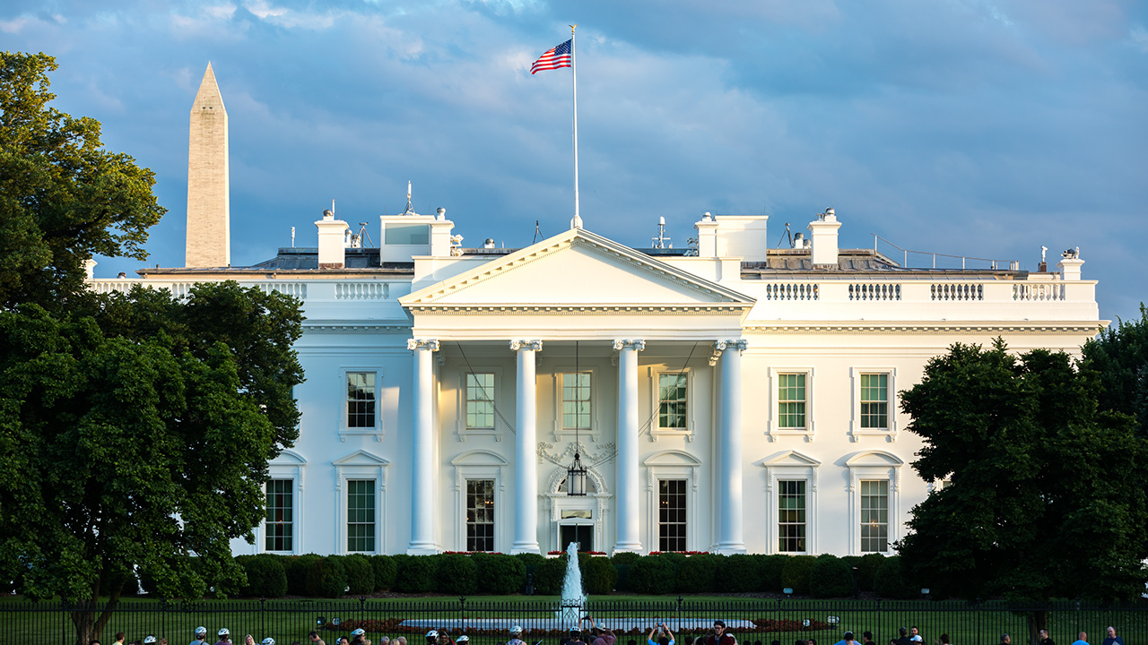 The White House on a beautiful spring afternoon in Washington, DC. This is the home of the United States President.