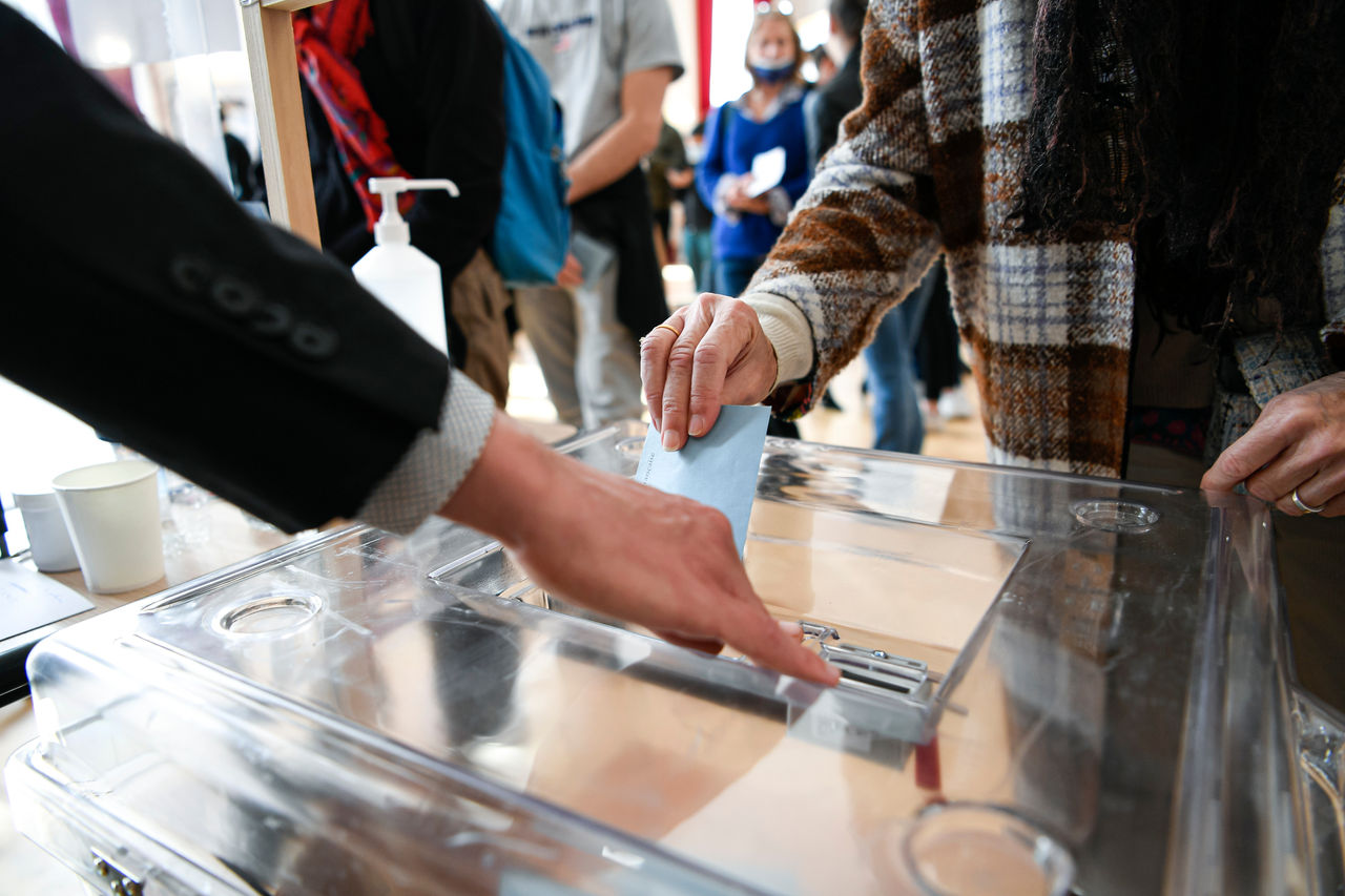 Illustration picture shows a ballot paper in its envelope his just before being placed in the ballot box in Paris, France, on April 10, 2022. French voters head to the polls to vote for the first round of the presidential election, to elect their new president of the Republic. Photo by Victor Joly/ABACAPRESS.COM