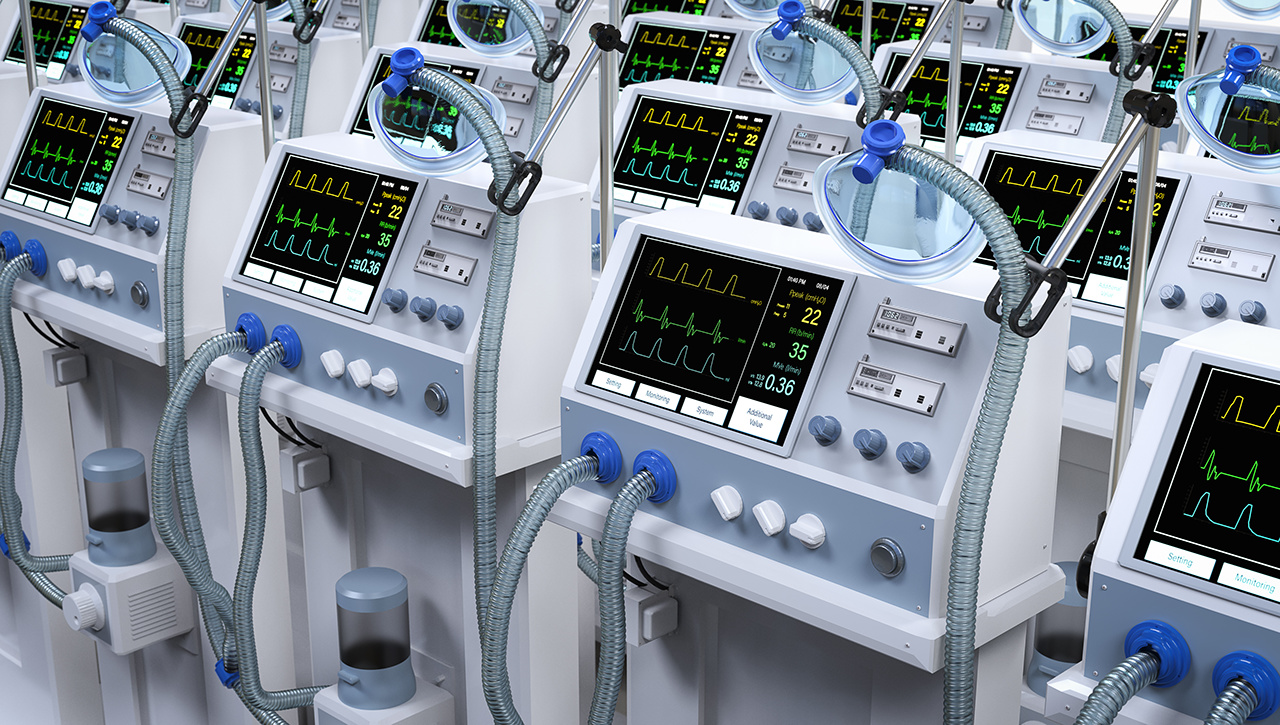 3d rendering group of ventilator machines in hospital