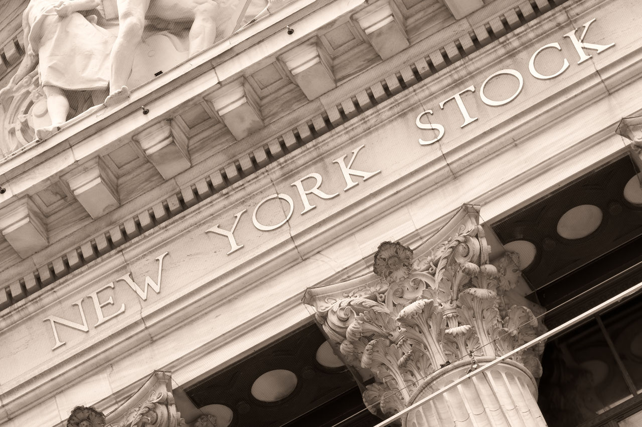 Detail of the New York Stock Exchange building at Wall Street in New York City