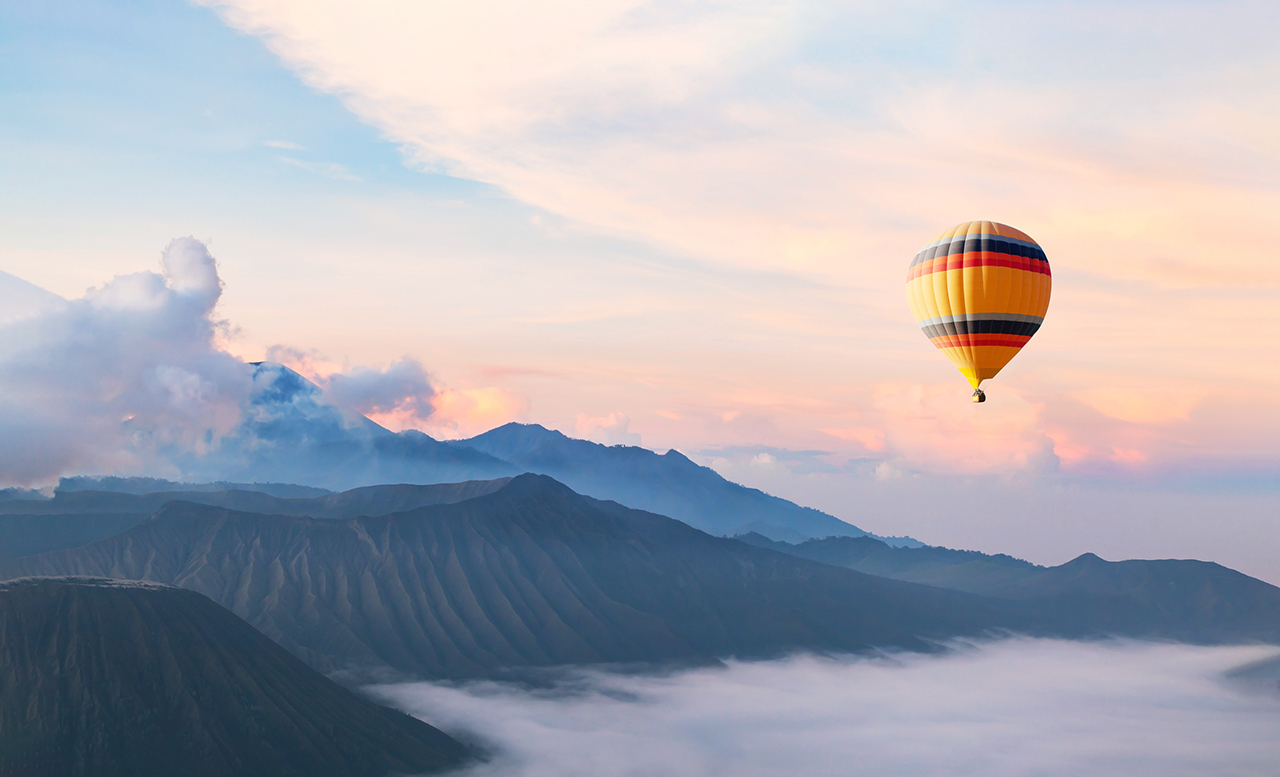 beautiful inspirational landscape with hot air balloon flying in the sky, travel destination, beautiful inspirational landscape with hot air balloon flying in
