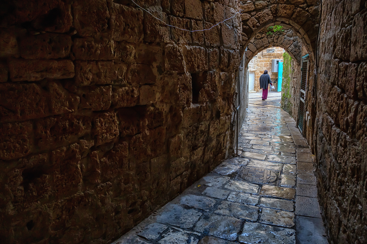 Dark and Narrow streets in the Old City of Akko. Taken in Acre, North District, Israel.