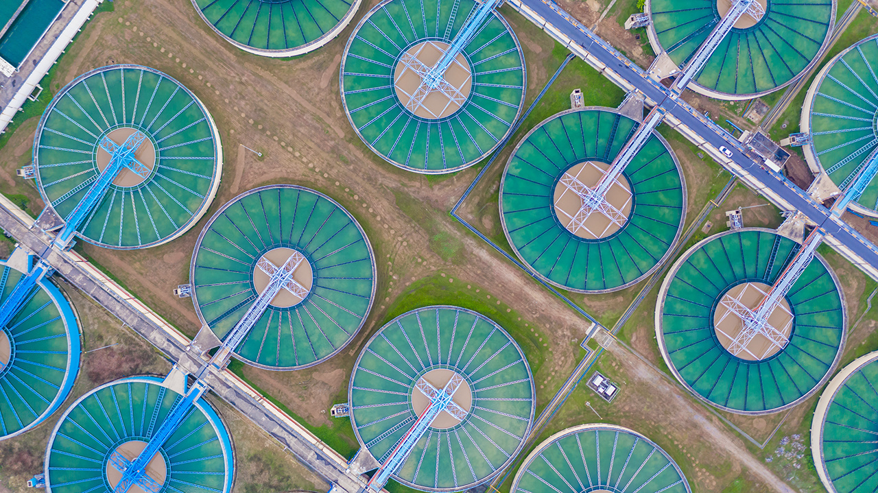 Aerial top view water treatment plant, Aerial top view recirculation solid contact clarifier sedimentation tank.