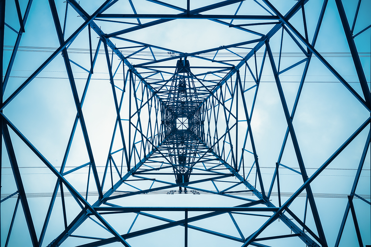 upward view of the structure under power transmission tower 
