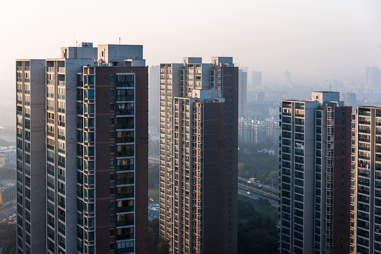 view of Hong Kong apartment block in China.