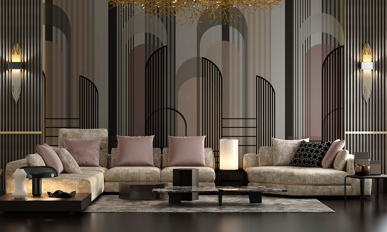 Modern living room design and wallpaper decoration of geometric shape of lines and arcs abstract in beige, pink and black colors Sofas with illuminated table 