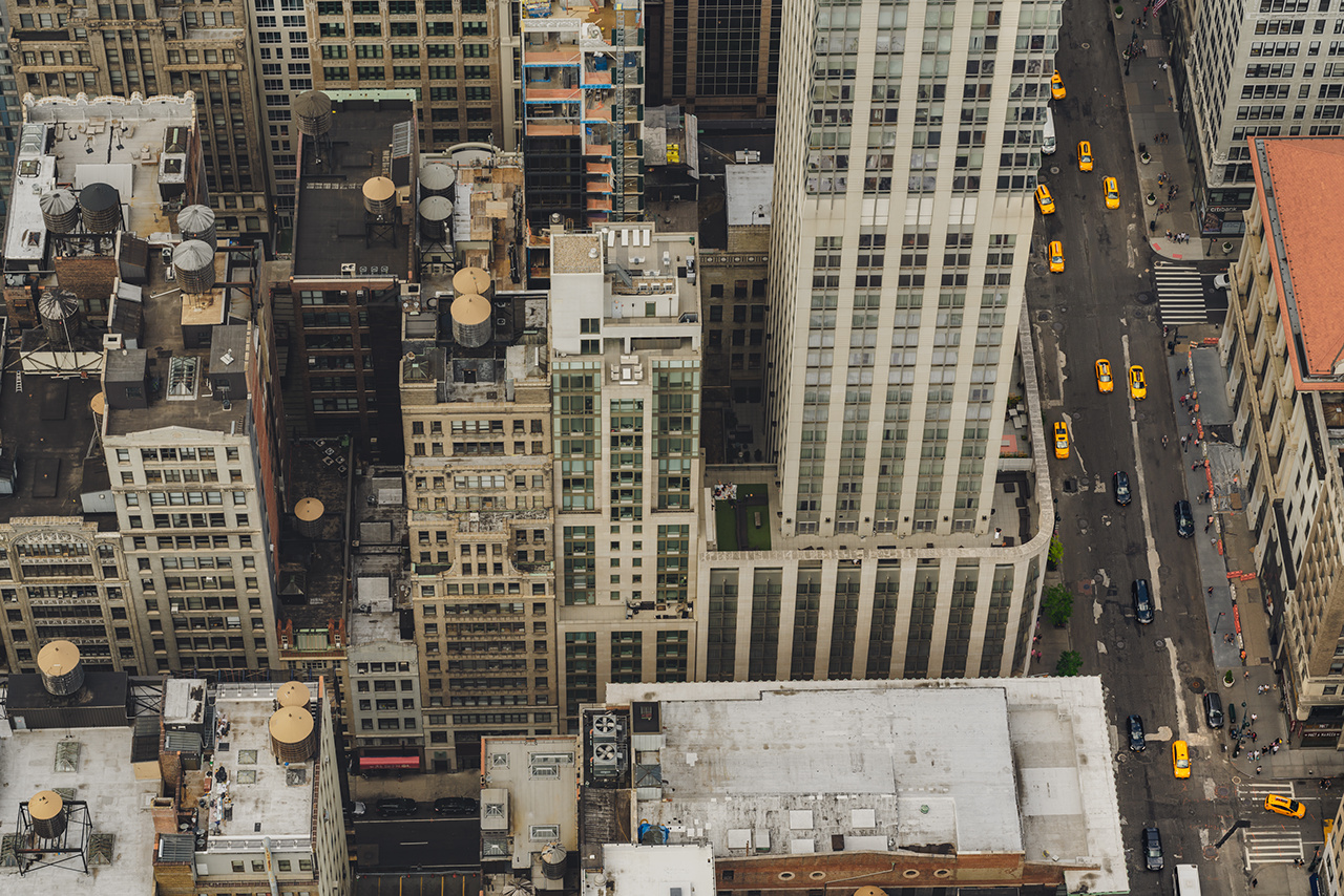 New York City, Aerial View of Manhattan. Buildings, Rooftop, Traffic