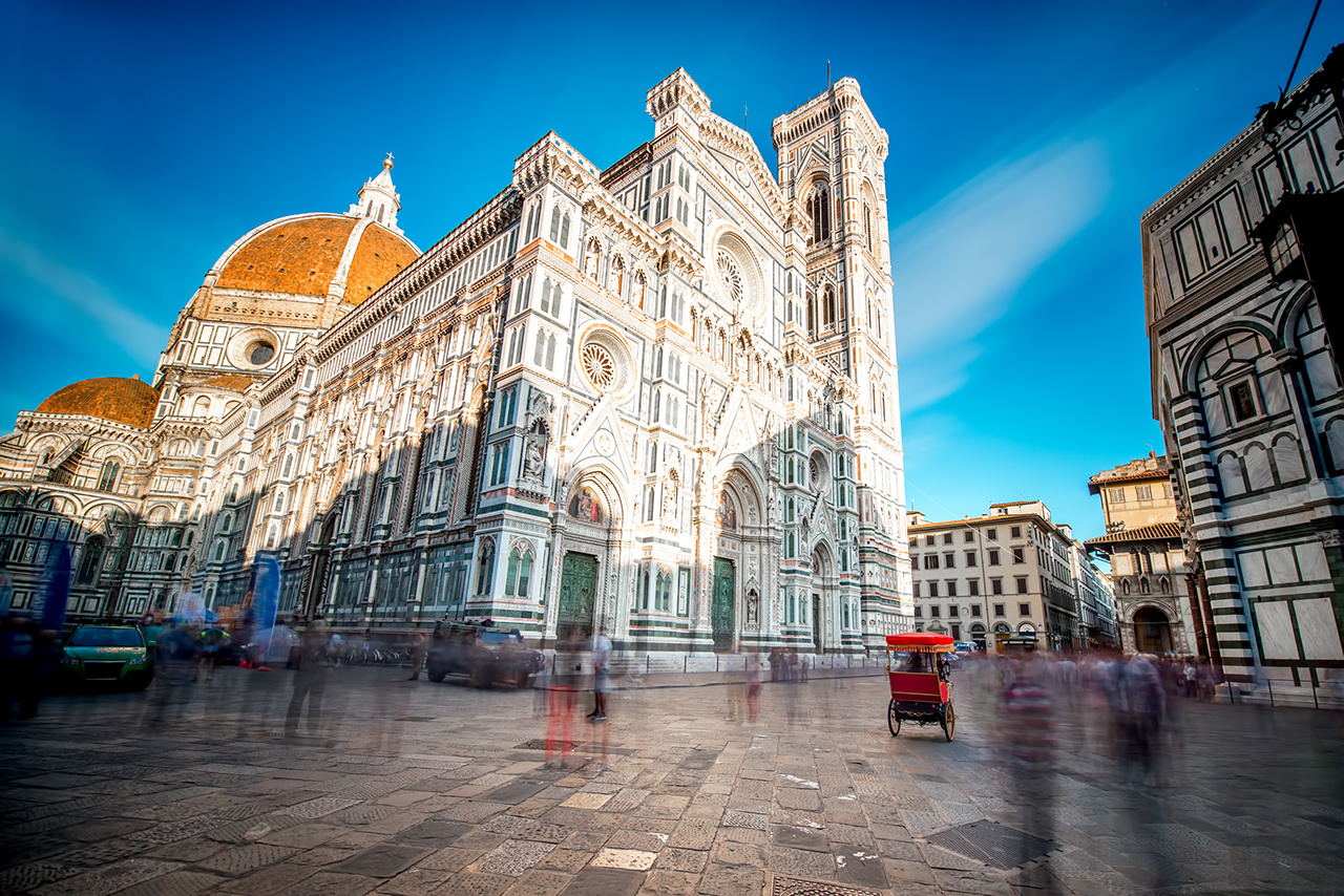 Famous Santa Maria del Fiore cathedral church in Florence. Long exposure image technic, view from below