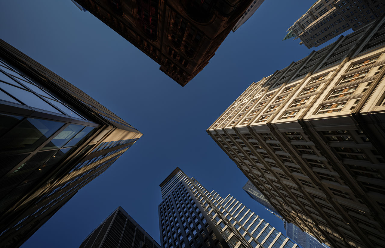 Wide angle photo with tall modern and vintage architecture skyscrapers office building from Manhattan, New York. Landmarks of America., Wide angle photo with tall modern and vintage architecture skysc