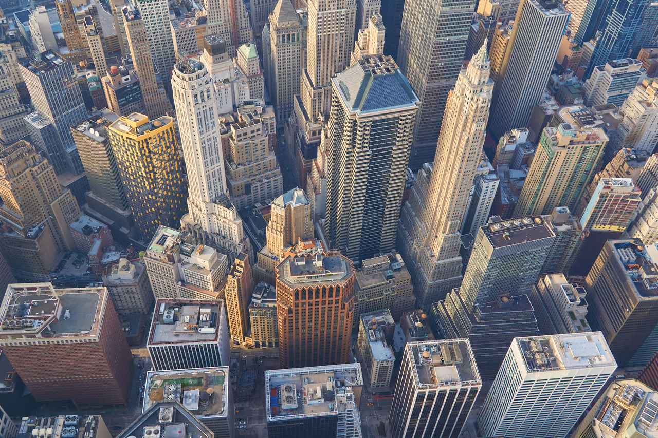 Aerial top down view on lower Manhattan financial district skyscrapers in New York                 , Aerial top down view on lower Manhattan financial district skysc