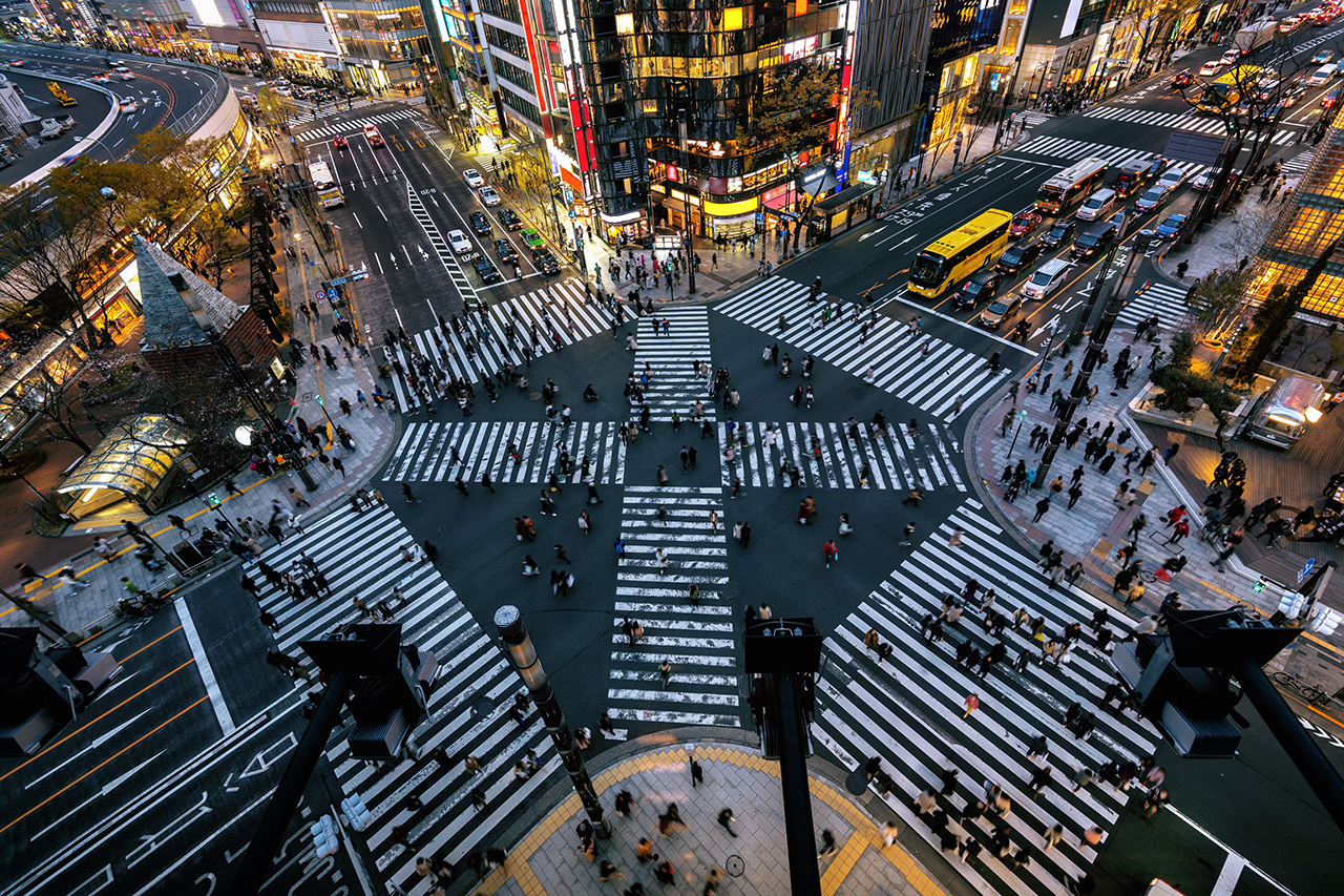 Aerial view of intersection in Ginza, Tokyo, Japan at night.